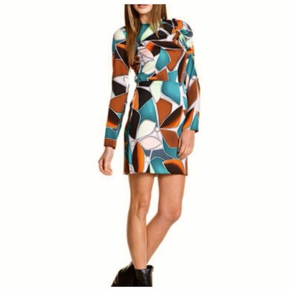 Diane Von Furstenberg Silk Mini Dress Sz 12 Multicolor Shoulder Bow Long Sleeve - Picture 1 of 14